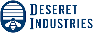 Logo of Deseret Industries: a blue oval with a beehive and a bee, with the company name in blue.
