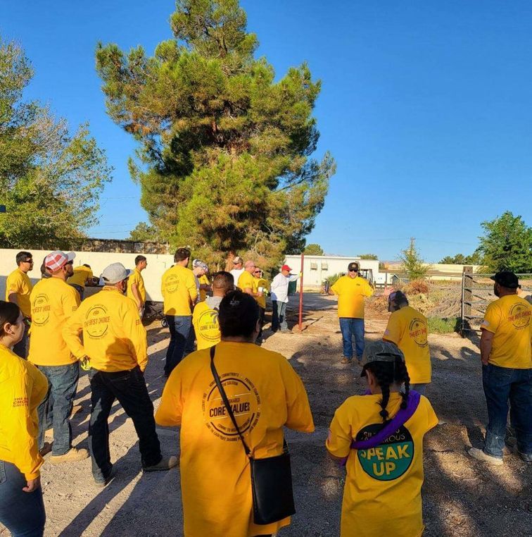 Group of people in yellow shirts stand outside, talking. Sunny day, tree in background.