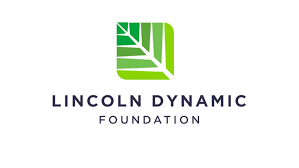 Logo for Lincoln Dynamic Foundation: green leaf-like design with a square frame above text in navy blue.