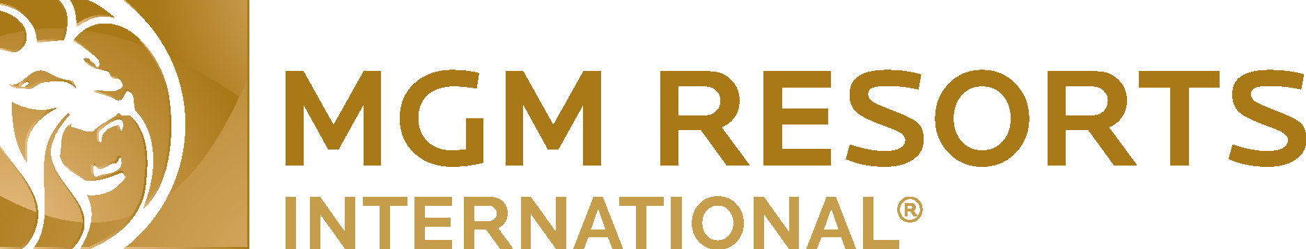 MGM Resorts International logo with gold lion icon and gold text on white background