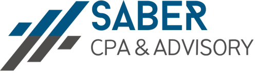 Logo for Saber CPA & Advisory: Blue and gray graphic with the word 