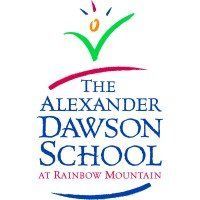 Logo for The Alexander Dawson School at Rainbow Mountain: colorful apple design with school name in blue.