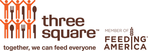 Logo of Three Square, a food bank, with orange figures holding utensils and the words 