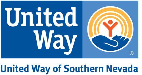 United Way logo: Blue and white text, orange figure with outstretched arms in a circle, over a blue hand.