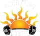 Sun rising behind a barbell with black weight plates, glowing orange and yellow