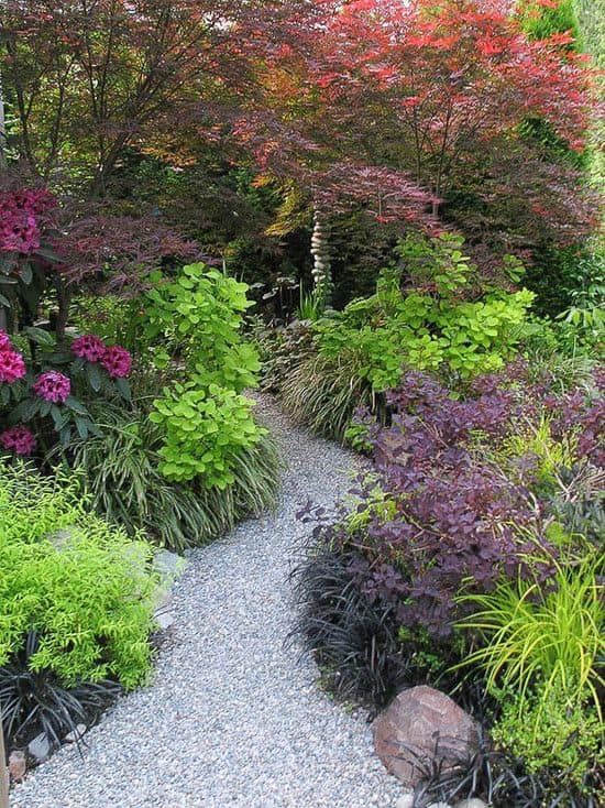 A gravel path in a garden surrounded by trees and flowers.