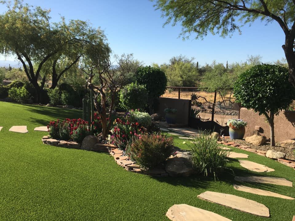 A backyard with a lush green lawn and a stone walkway.