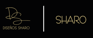Fondo negro con el logotipo dorado “DISENOS SHARO” a la izquierda y “SHARO” a la derecha, separados por una línea vertical.
