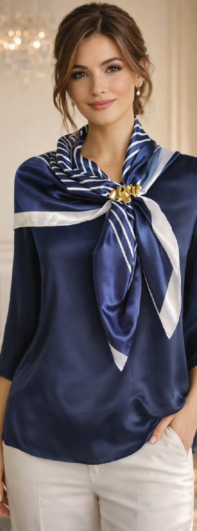 Mujer con blusa azul marino, bufanda de rayas azules y pantalones blancos, de pie sobre un fondo liso.