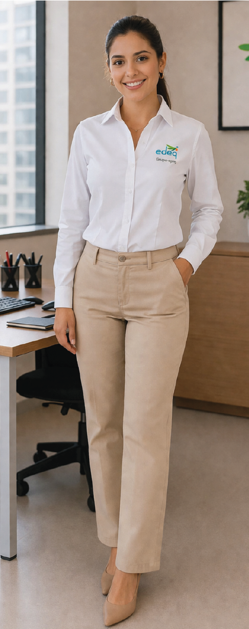 Mujer con blusa blanca y pantalones beige de pie en una oficina moderna.