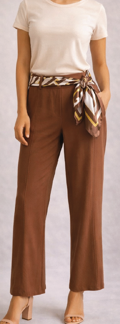 Mujer con top blanco, pantalones cortos marrones y cinturón estampado, de pie sobre un fondo liso.