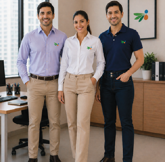 Tres compañeros de trabajo, vestidos con ropa de oficina, están de pie en una oficina moderna