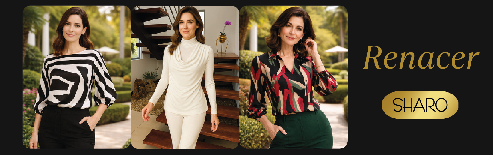 Anuncio de moda que muestra a tres mujeres modelando blusas negras, color crema y estampadas