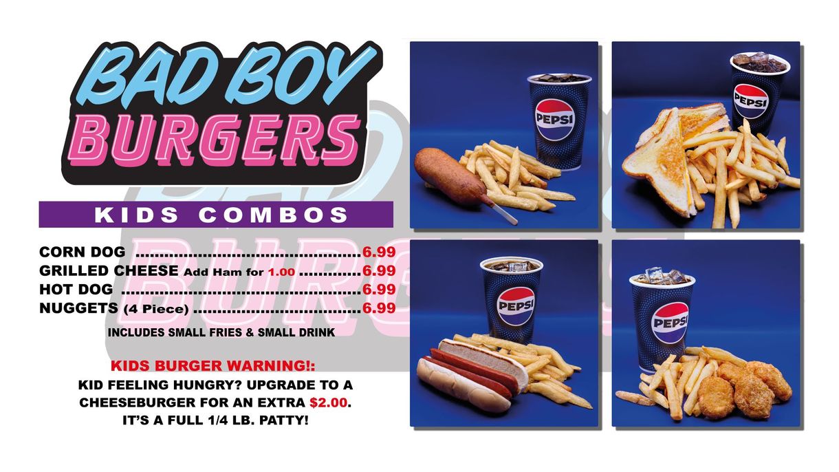 Bad Boy Burgers kids combo menu with burger, fries, and drink photos on a purple background