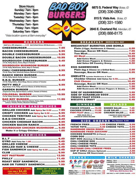 Bad Boy Burgers menu board with colorful logo and columns of burger, chicken, sandwich, and drink items.
