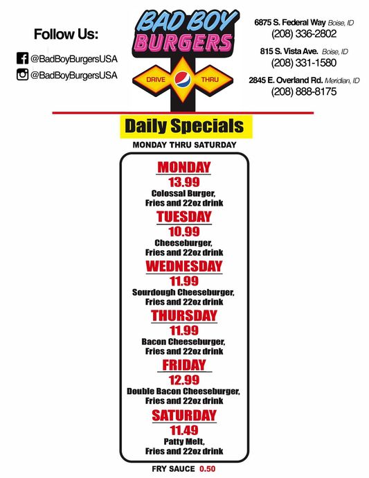 Bad Boy Burgers weekly specials flyer with red, black and yellow text and a day-by-day menu list