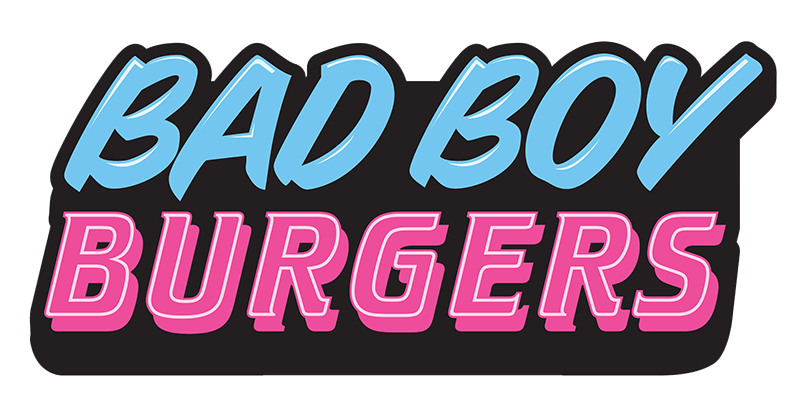 Logo reading “Bad Boy Burgers” in blue and pink bubble letters on a black rounded rectangle