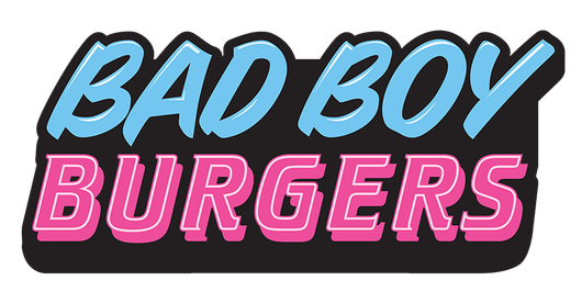 Logo reading &ldquo;Bad Boy Burgers&rdquo; in blue and pink bubble letters on a black rounded rectangle