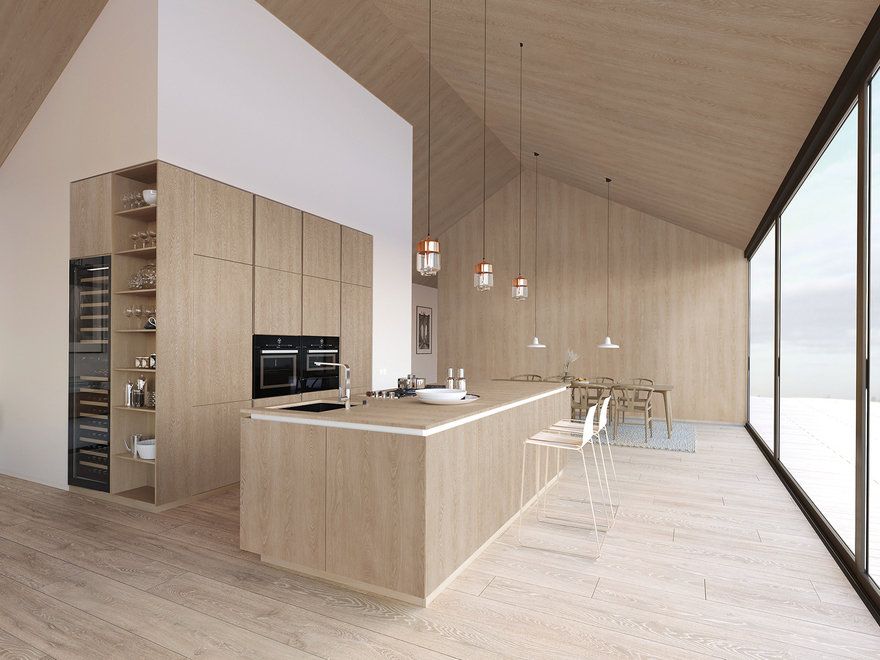 Modern kitchen with wood cabinets, island, and large windows. Includes dining area and pendant lights.