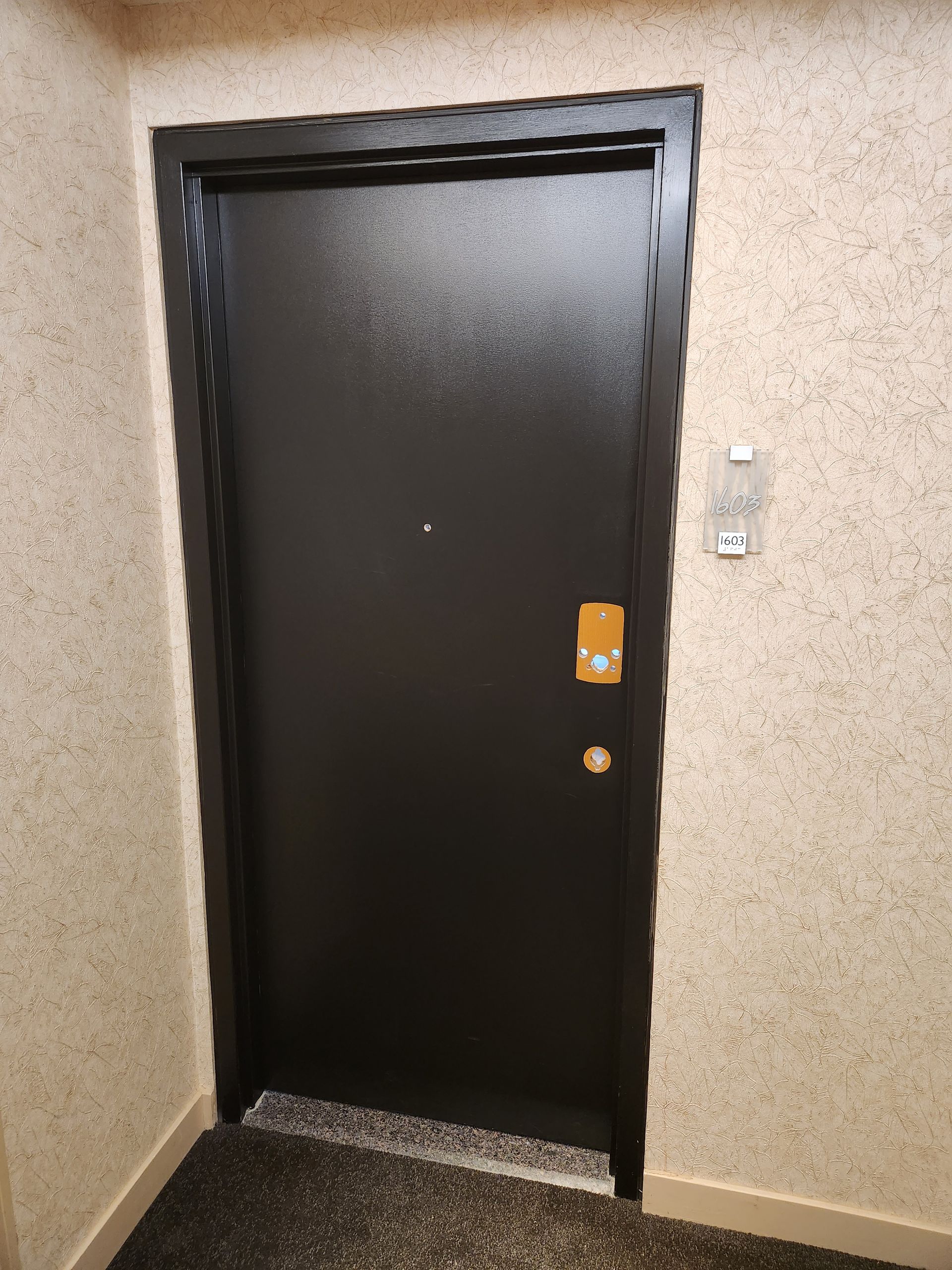 Black apartment door with gold handle and peep hole. Beige speckled walls.