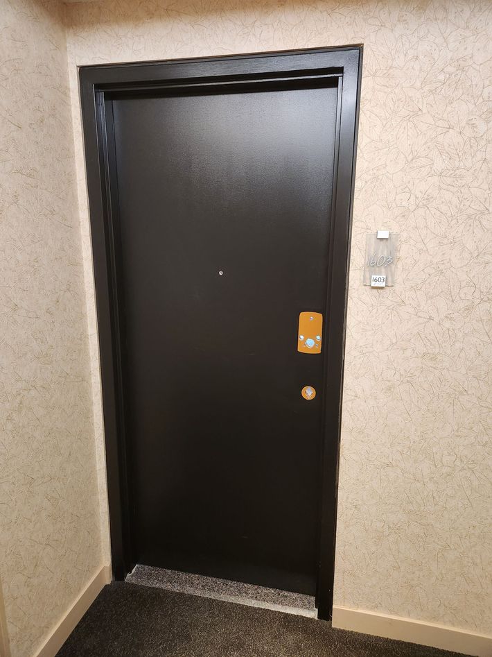 Black apartment door with gold handle and peep hole. Beige speckled walls.