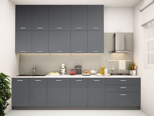 Gray modern kitchen with cabinets, sink, and appliances.