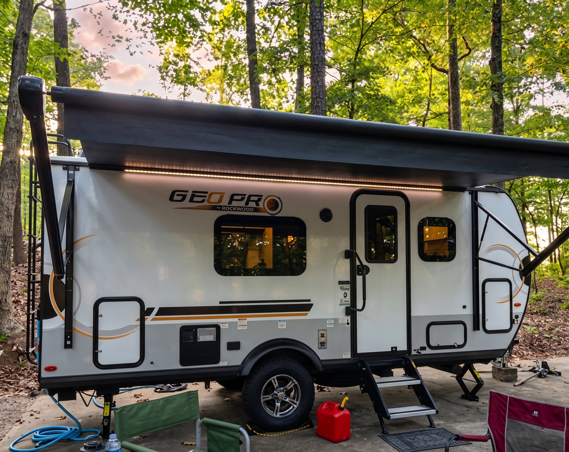 White Geo Pro travel trailer in a wooded campsite with gear and firewood nearby