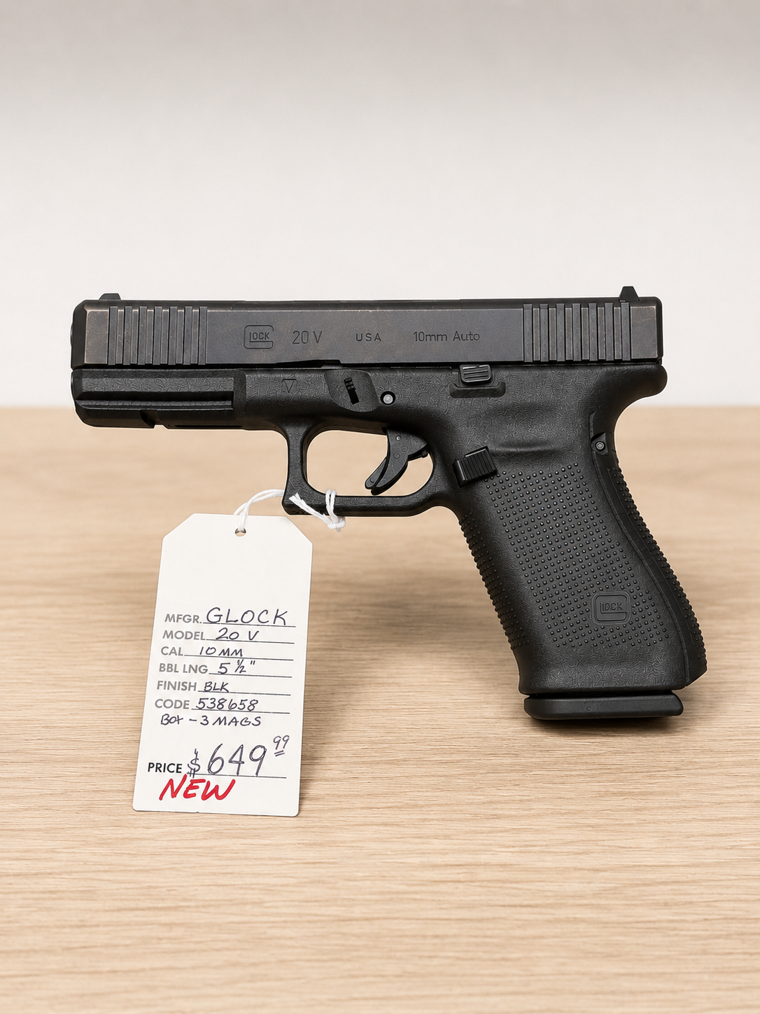The GLOCK 20 V MOS pistol is full size for maximum capacity and performance, chambered in 10mm AUTO. The slide is precision machined to provide a mounting system for popular red dot optics. You can quickly and easily mount red dot sights to the slide using adapter plates. The G20 V MOS pistol features the GLOCK Marksman Barrel, nDLC surface finish, front serrations, an ambidextrous slide stop lever, and more.
The SAFE ACTION® System is a fully automatic safety system consisting of three passive, independently operating, mechanical safeties. All three safeties disengage sequentially as the trigger is pulled and automatically re-engage when the trigger is released.