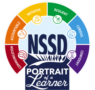 NSSD logo with a colorful arc of values: initiative, resilient, curious, confident, communication, accountable, and portrait of a learner