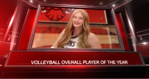 Blonde volleyball player portrait with red graphics and text reading “Volleyball Overall Player of the Year”