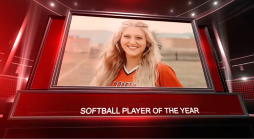 Smiling softball player in orange jersey framed on a red awards graphic labeled “Softball Player of the Year”