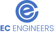 A blue and white logo for ec engineers