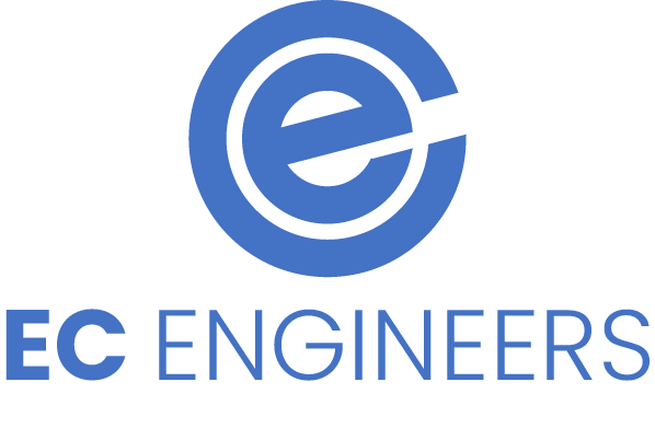A blue and white logo for ec engineers