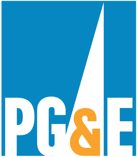 A blue and white logo for pg & e