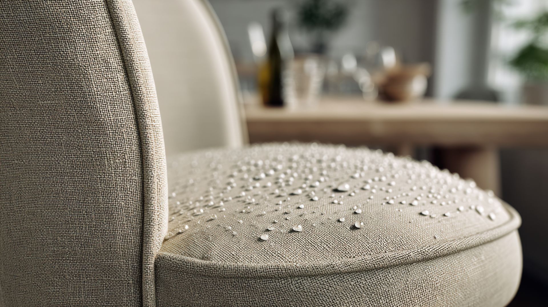 Water beads sitting on the textured, beige fabric seat of an upholstered chair in a bright indoor setting.