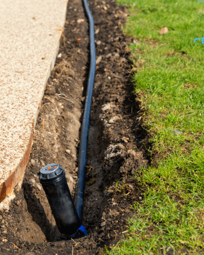 Image shows plastic piping laid in a shallow trench in order to install a sprinkler system