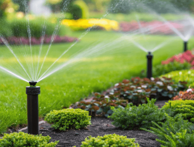 A row of sprinklers spraying water in a garden.