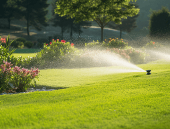 A sprinkler spraying water on a lush green lawn