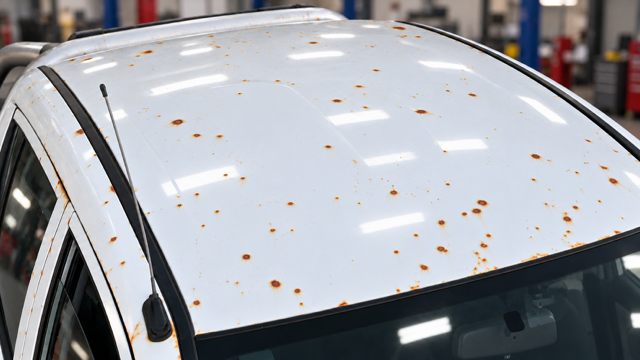 White Car’s Front Headlight and Grille with Rust and Chipped Paint Above the Light — Coolum Smash Repairs in Coolum Beach, QLD
