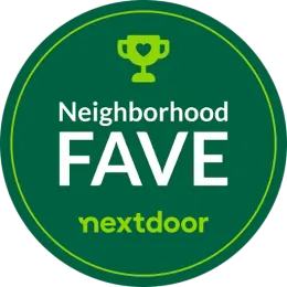 Green circular Neighborhood FAVE nextdoor badge with trophy icon and white text