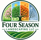 Four Season Landscaping logo with red house, trees, and grass accents on white background