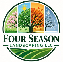 Four Season Landscaping logo with red house, trees, and grass accents on white background