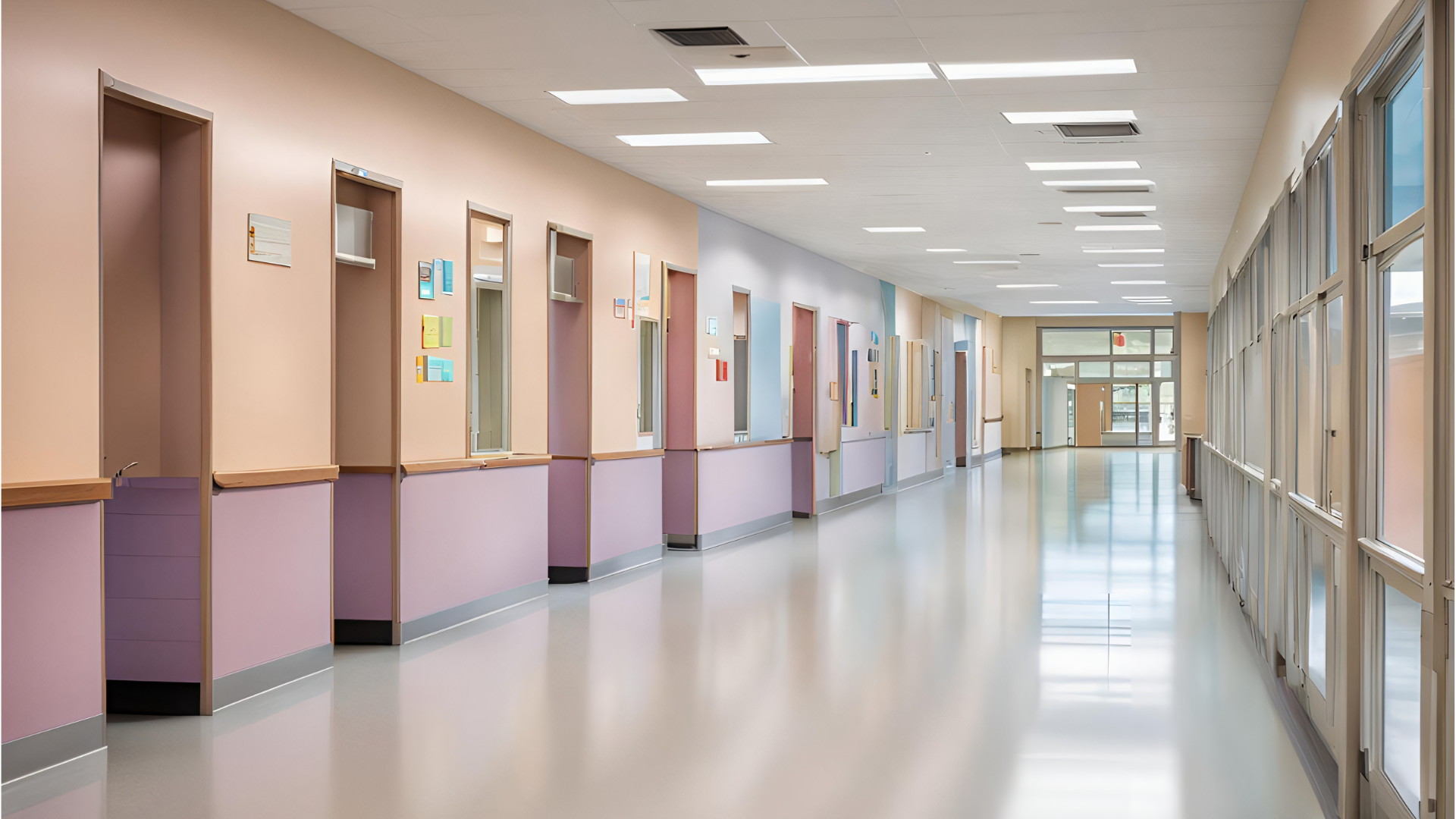 A long hallway in a hospital with a lot of windows and doors.