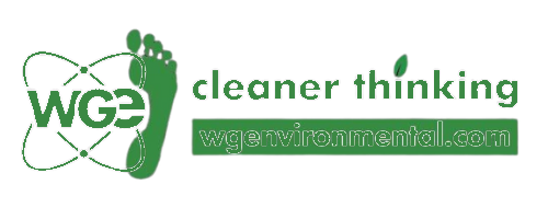 A logo for wge cleaner thinking with a green footprint