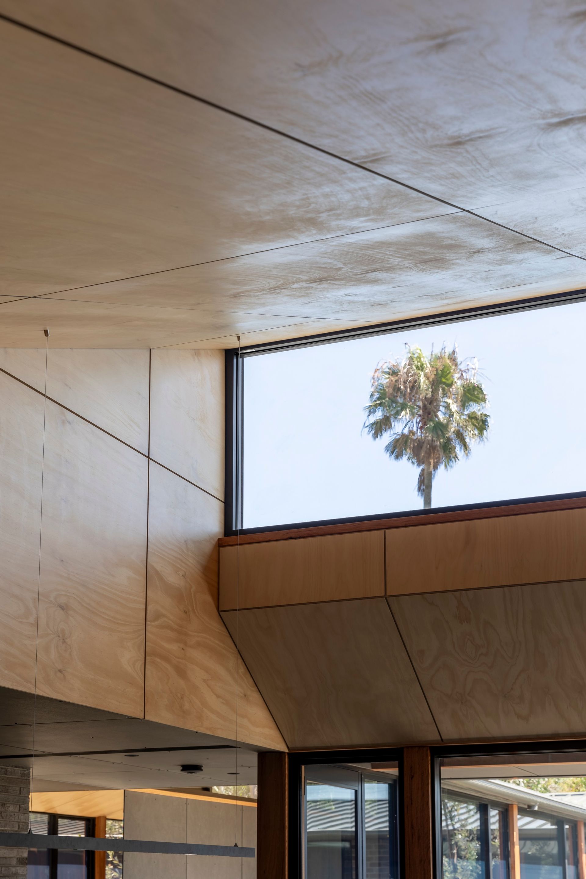 Interior view of a building with wooden panels framing a window showing a palm tree against a bright sky — Make The Mark Building Services in Illawarra, NSW