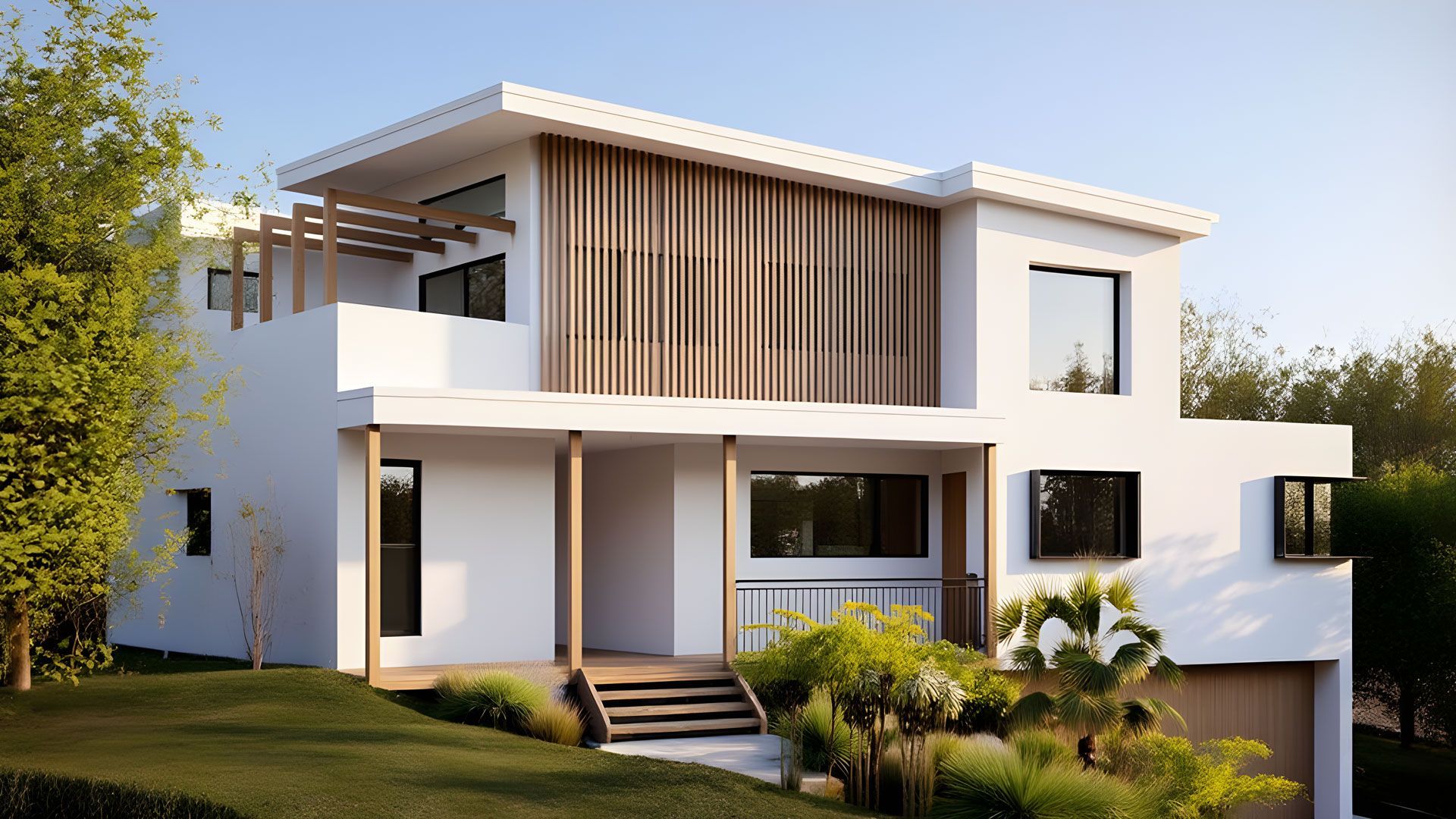 Modern white house with wooden accents and lush landscaping  — Make The Mark Building Services in Illawarra, NSW