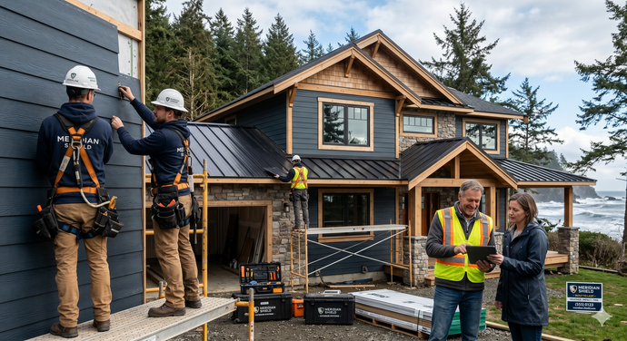 Construction workers inspect a wood-sided house exterior with metal roofing in a forested lakeside setting.