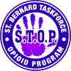 St. Bernard Taskforce Opioid Program logo. Purple hand in a circle with "S.T.O.P." and text around the edge.
