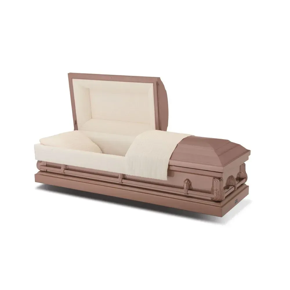 Wooden casket with open lid and cream interior on a white background