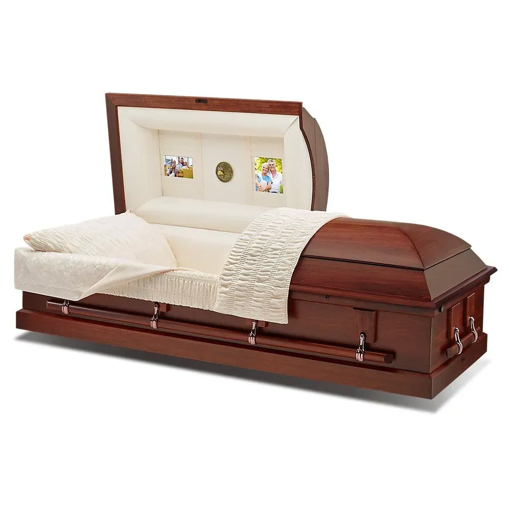 Wooden casket with white interior and quilted cream lining, shown open on a white background
